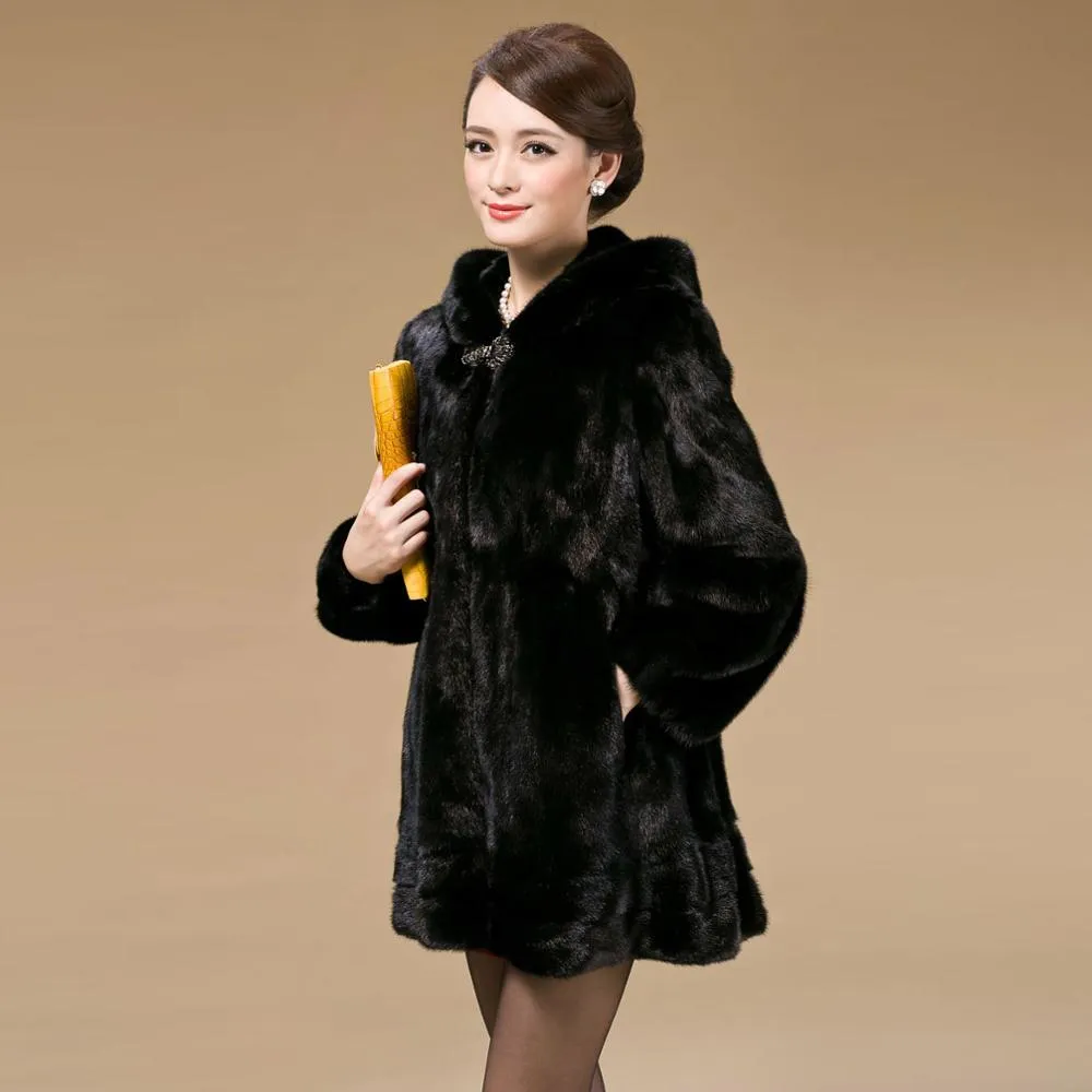 Women's Coats Real Mink Fur Coat Hoodie Slim Waist Style 16054