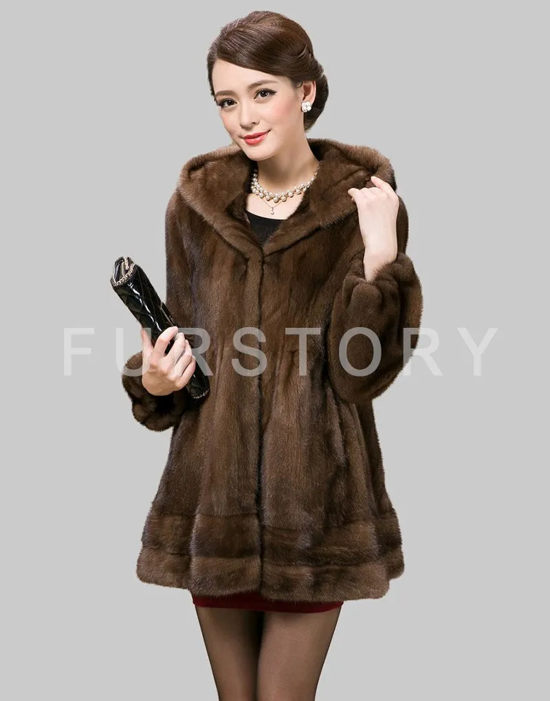 Women's Coats Real Mink Fur Coat Hoodie Slim Waist Style 16054