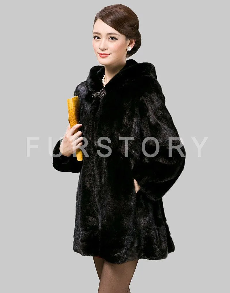 Women's Coats Real Mink Fur Coat Hoodie Slim Waist Style 16054