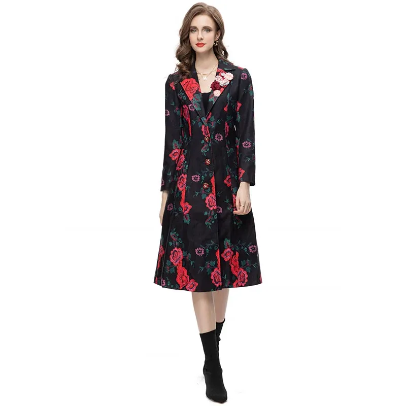 Women's Elegant Black Floral Long Trench Coat