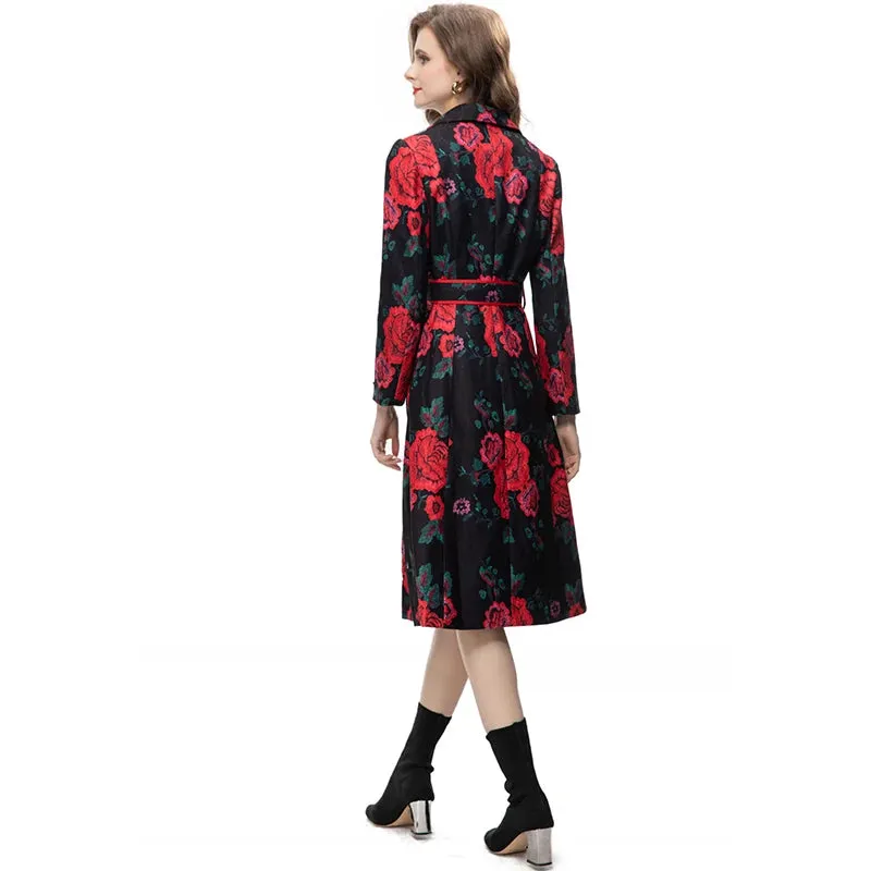 Women's Elegant Black Floral Long Trench Coat