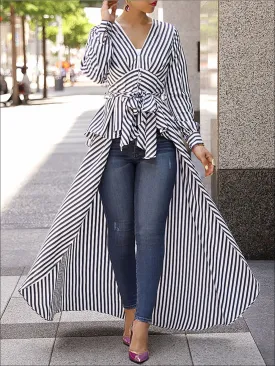 Women's Fashion Striped Tie Up Waist Long Tail Blouse