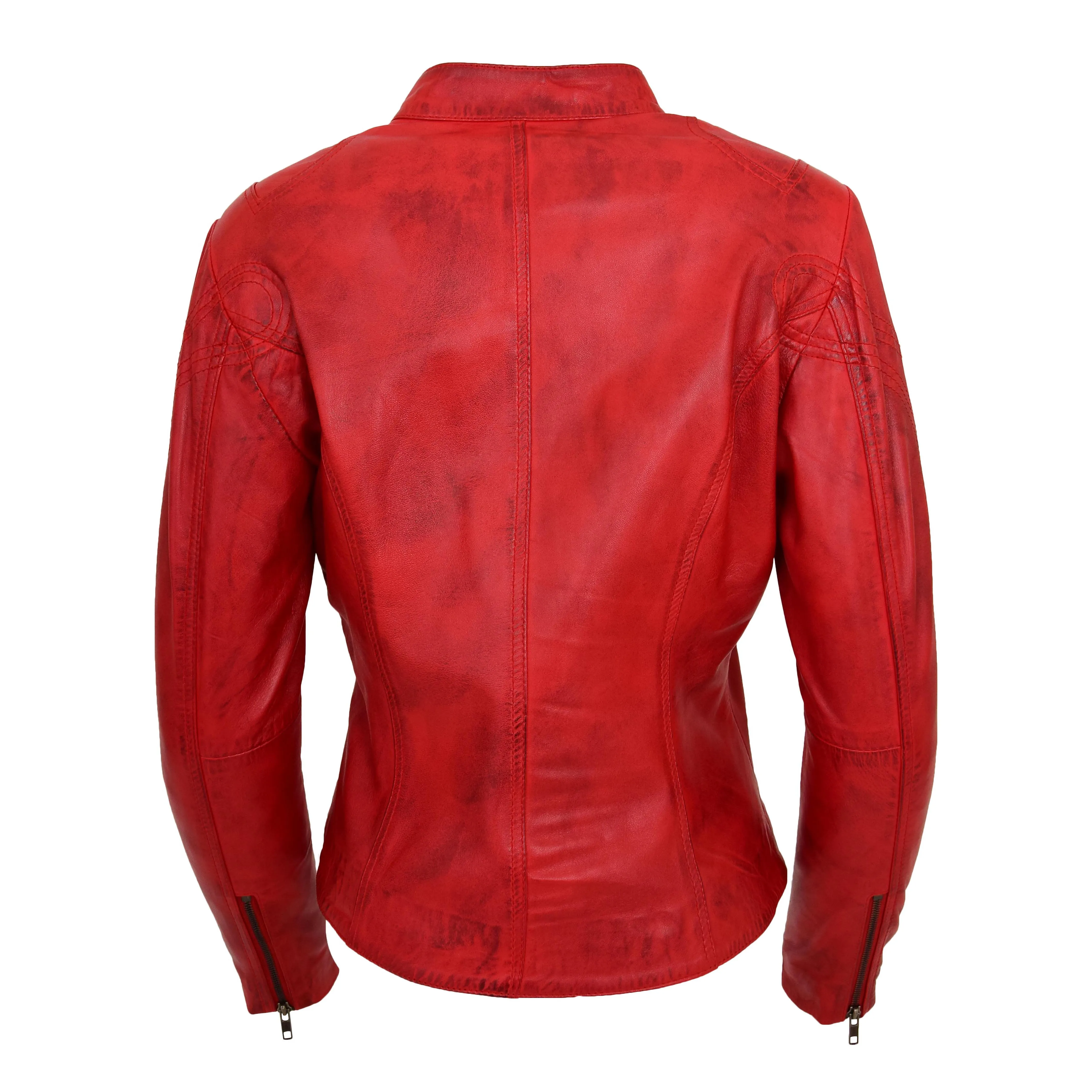 Womens Fitted Leather Biker Jacket Casual Zip Up Coat Jenny Red