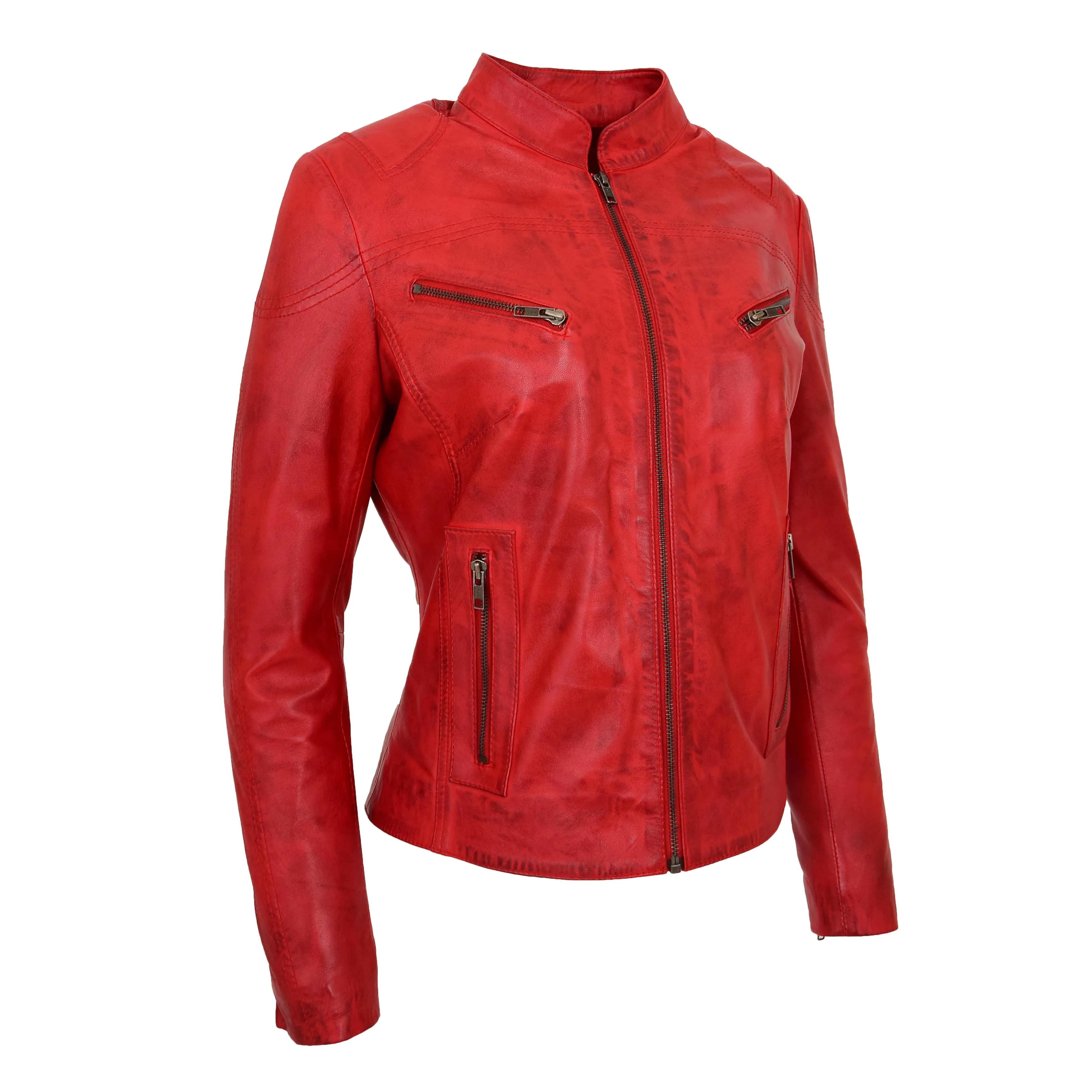 Womens Fitted Leather Biker Jacket Casual Zip Up Coat Jenny Red