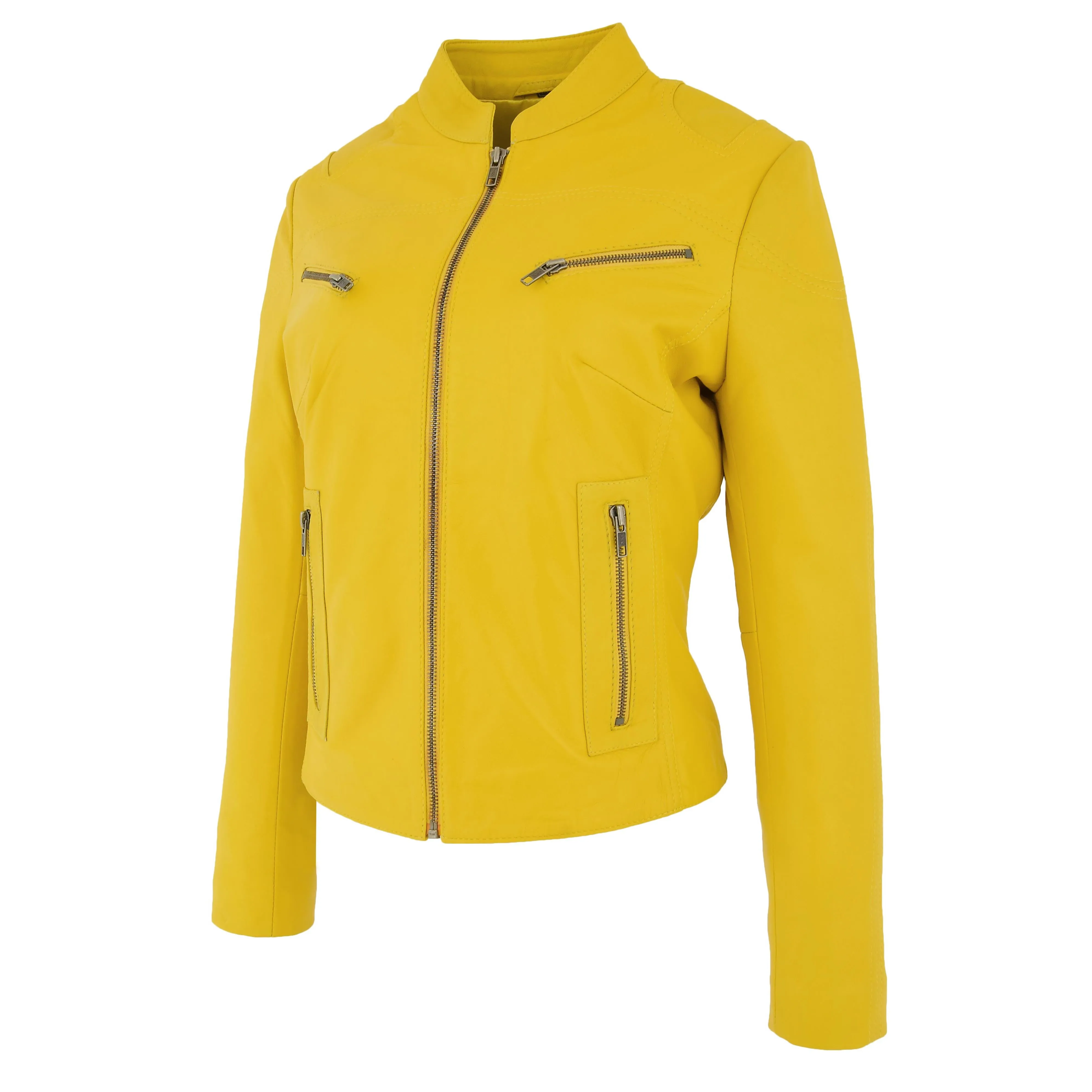 Womens Fitted Leather Biker Jacket Casual Zip Up Coat Jenny Yellow