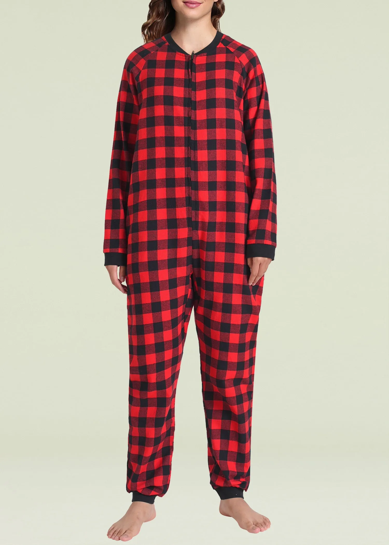 Women's Flannel Zipper Onesie Long Sleeves Pajama Jumpsuit