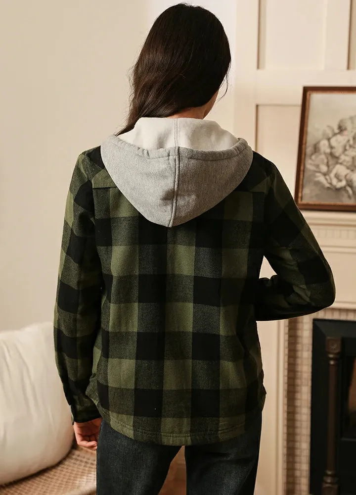 Women's Fleece Lined Flannel Shirt,Button Down Plaid Hooded Jacket