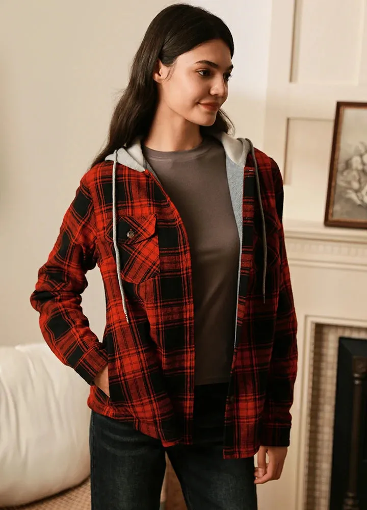 Women's Fleece Lined Flannel Shirt,Button Down Plaid Hooded Jacket