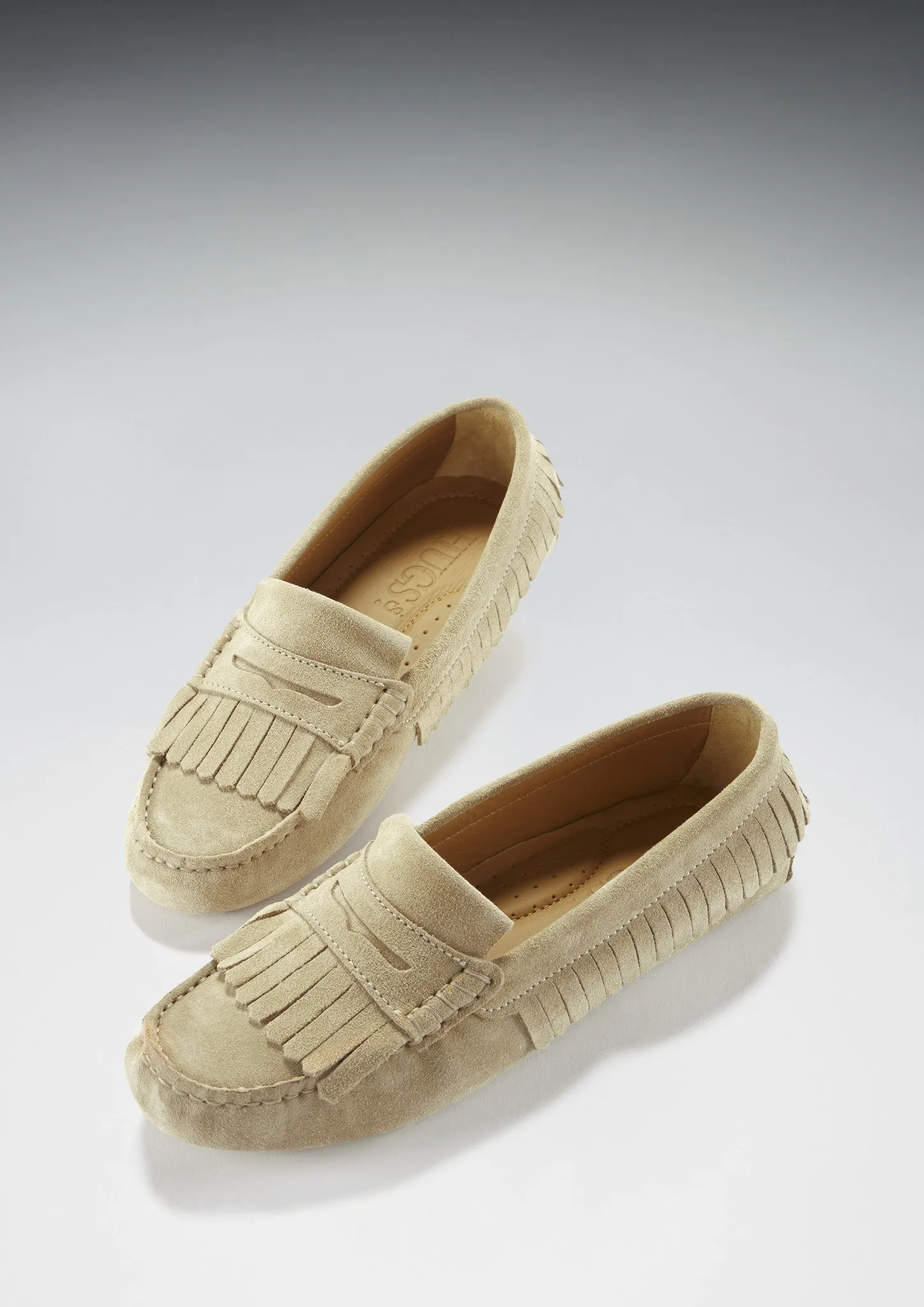 Women's Fringed Driving Loafers, taupe suede