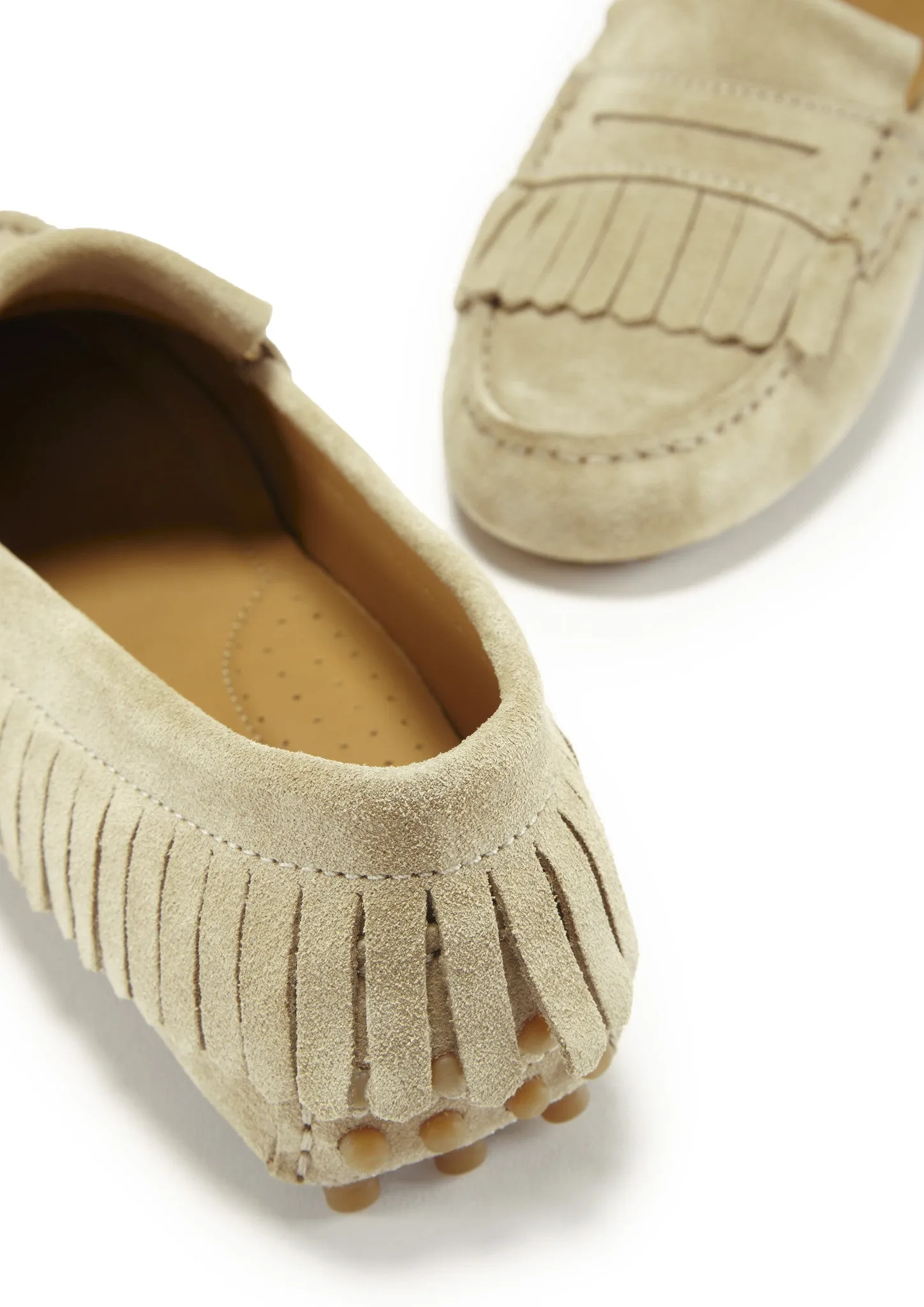 Women's Fringed Driving Loafers, taupe suede