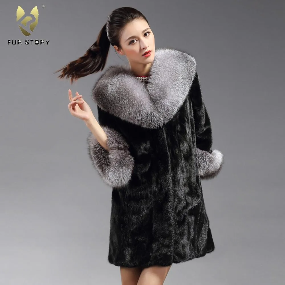 Women's Genuine Mink Fur Coat Women with Big Fox Fur Collar Female Overcoat 16173