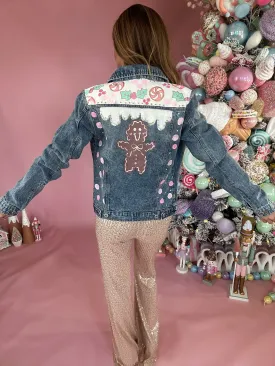 Women's Gingerbread Hand Custom Painted Denim Jacket Long Sleeve Top