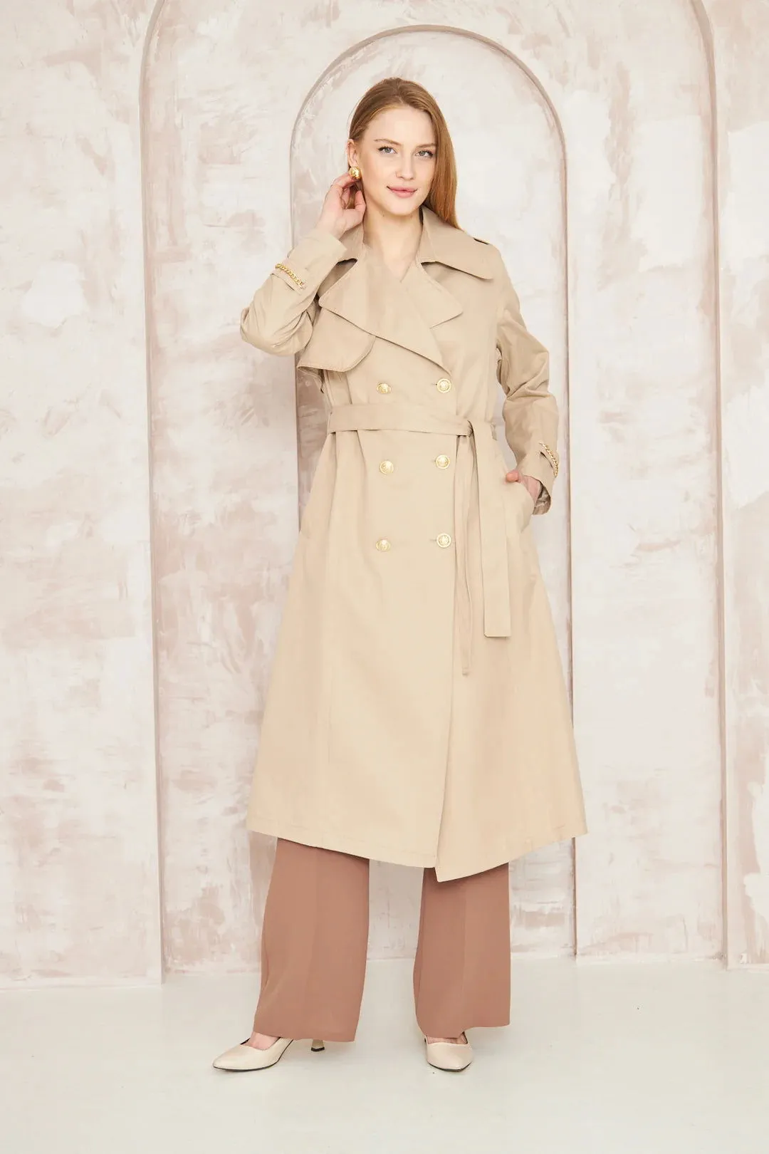 Women's Gold Button Chain Long Trench Coat Beige - SCB-W12385