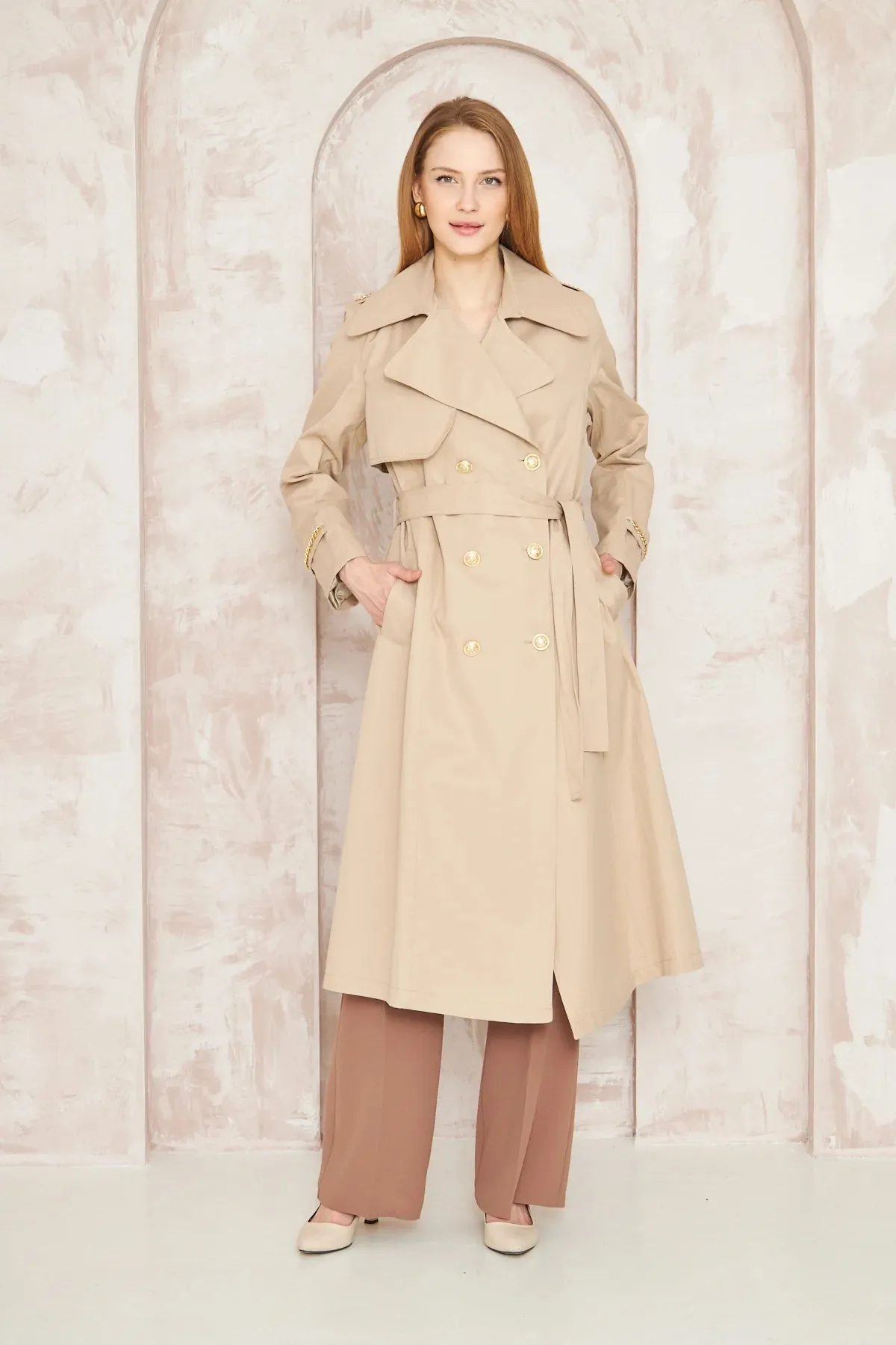 Women's Gold Button Chain Long Trench Coat Beige - SCB-W12385