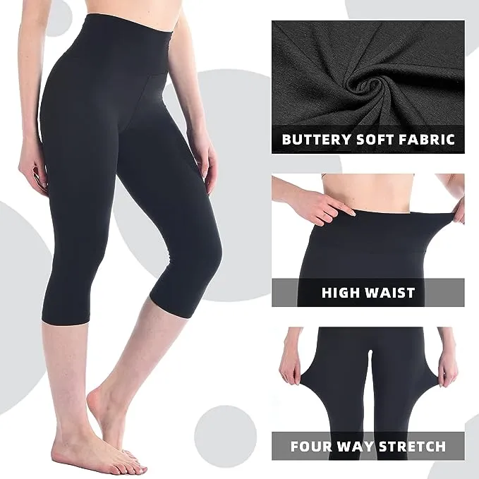 Women's High Waist 3/4 Leggings Opaque Black for Sports Gym Yoga