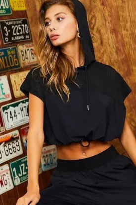 Women's Hoodie Waist Adjustable Contrast Mesh Crop Top