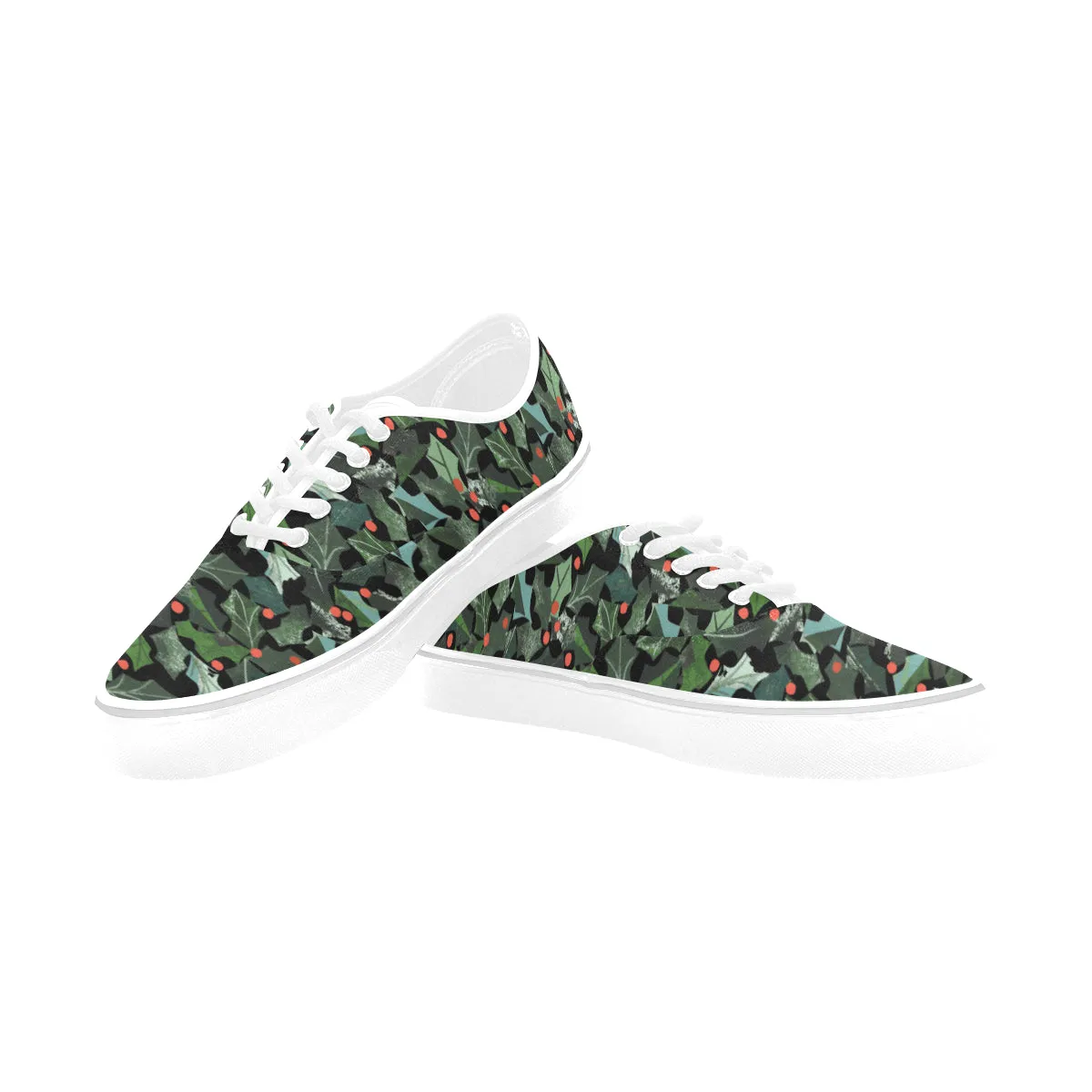 Women's Ivy Plants Christmas Print Big Size Canvas Low Top Shoes (White)