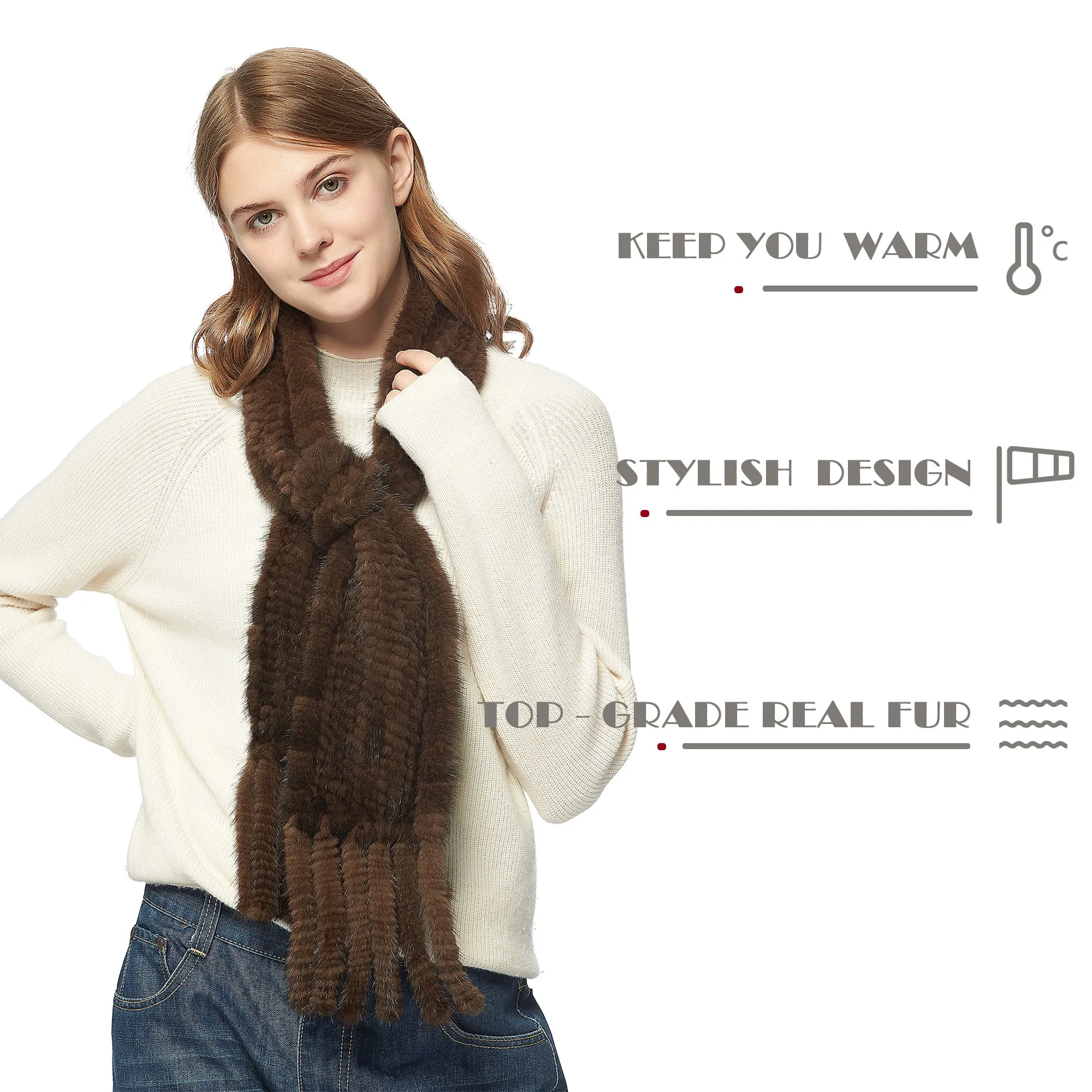 Women's Knitted Mink Fur Scarf For Winter Warm Shawl Scarves Fur Story FS050303