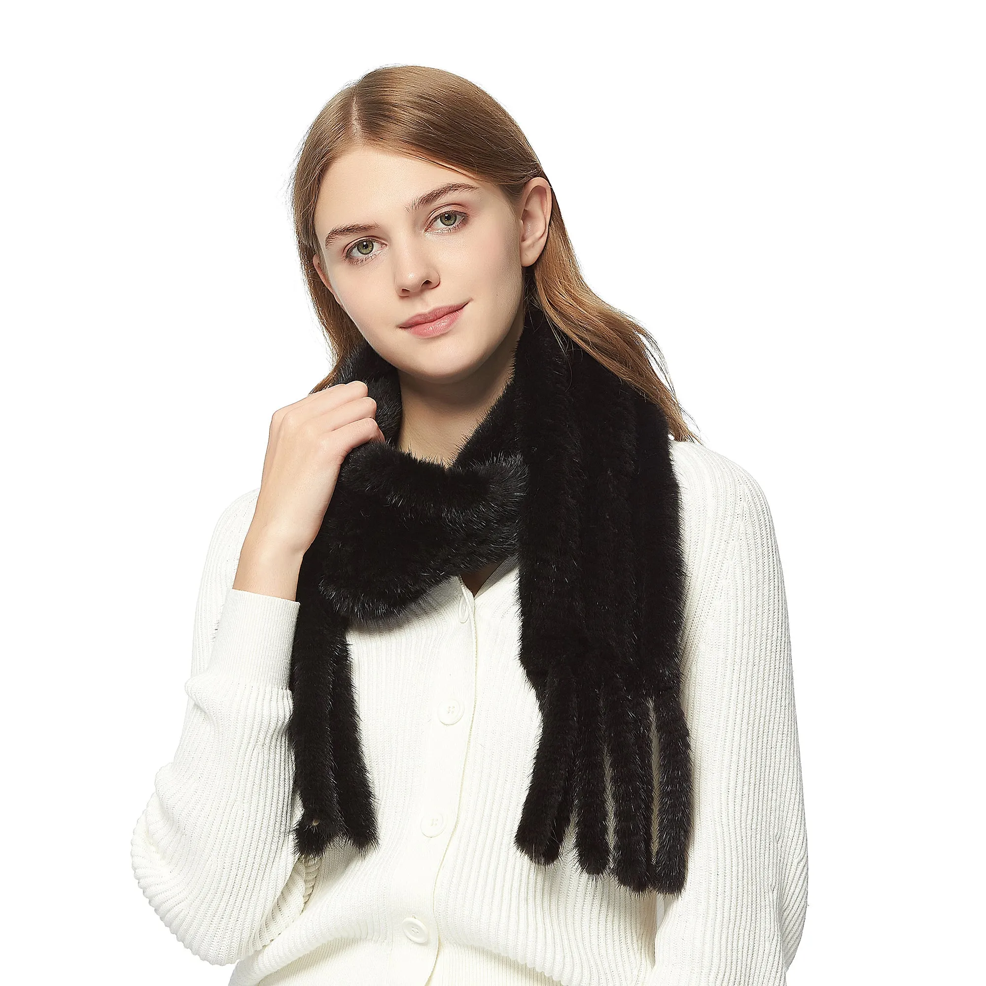 Women's Knitted Mink Fur Scarf For Winter Warm Shawl Scarves Fur Story FS050303