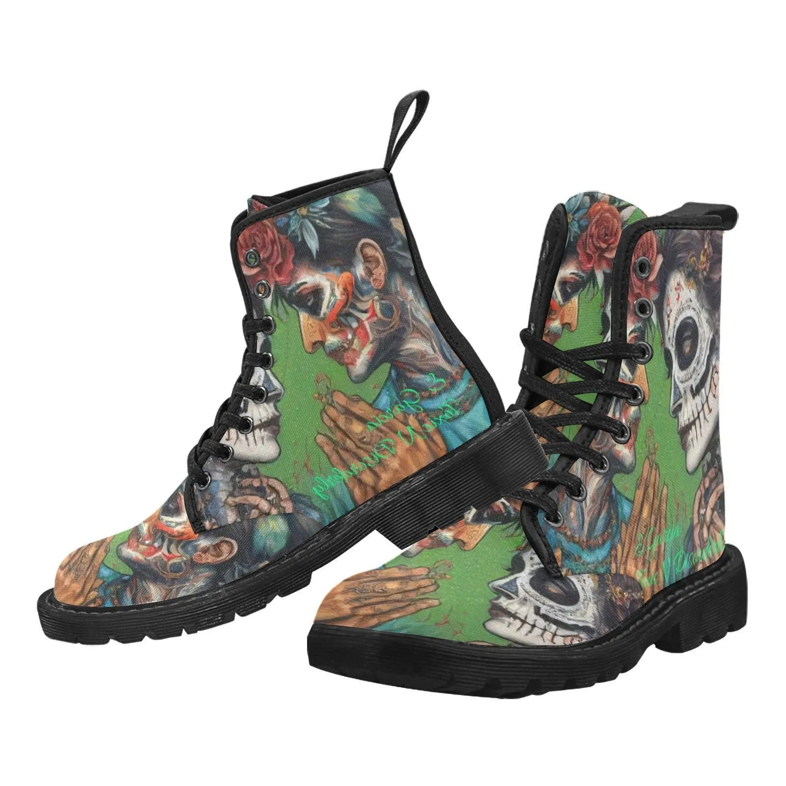 Women's Lace Up Canvas Boots-Day of The Dead LA Art Graffiti