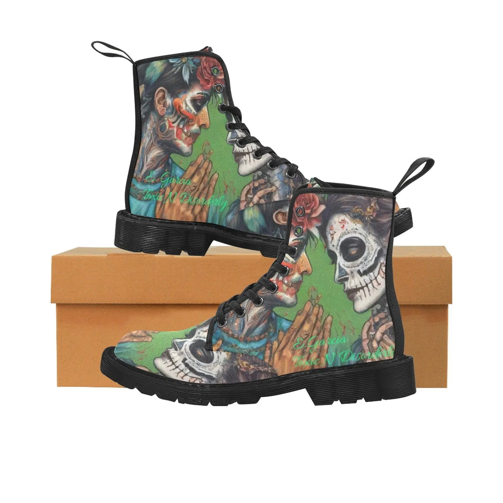 Women's Lace Up Canvas Boots-Day of The Dead LA Art Graffiti