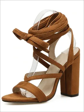 Women's Lace Up Square Heeled Sandals