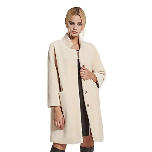 Women's Lamb Shearing Fur Coat Winter Coat 3/4 Sleeve Stand up Collar(10,Beige)