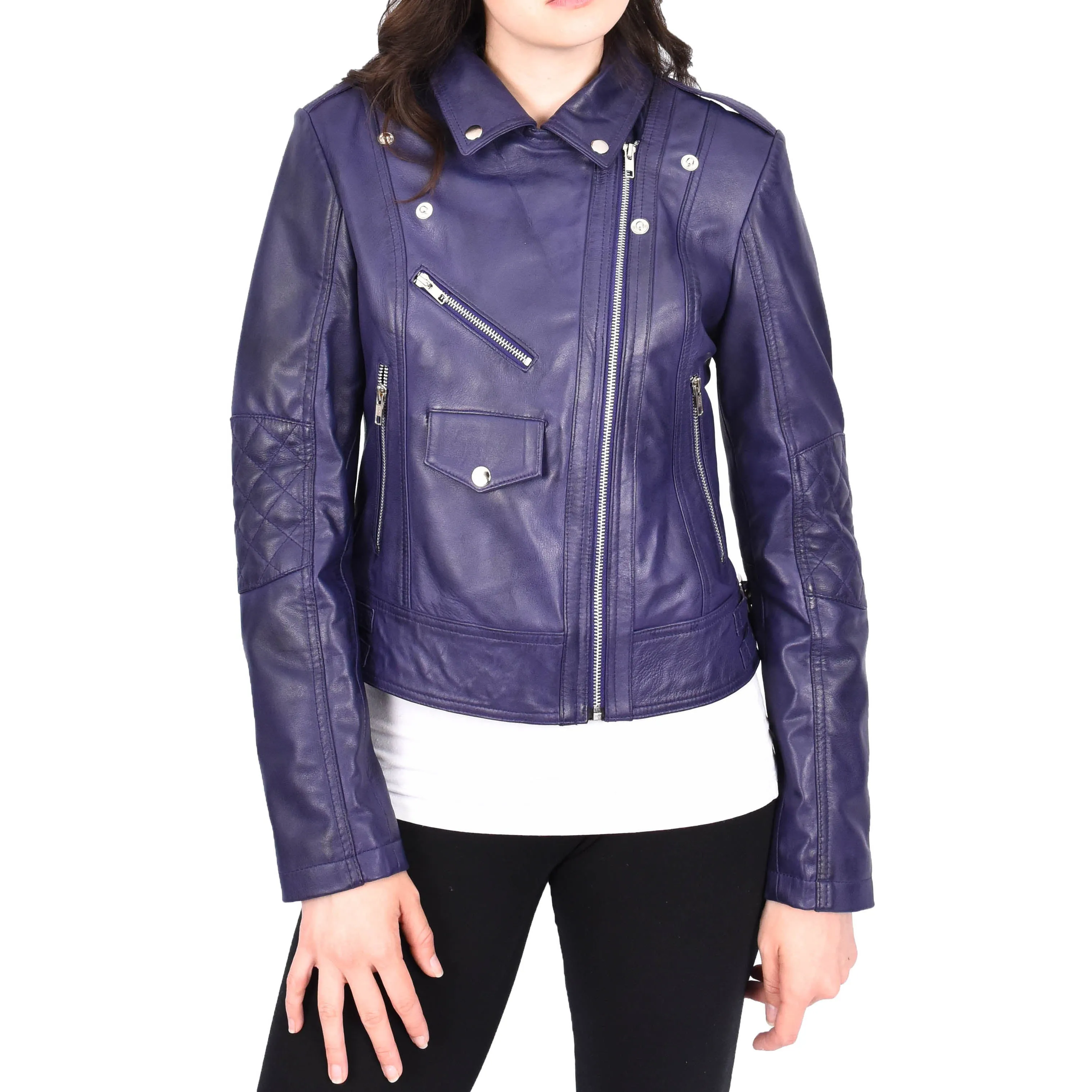 Womens Leather Biker Jacket Purple Trendy Slim Fit Designer Ayla