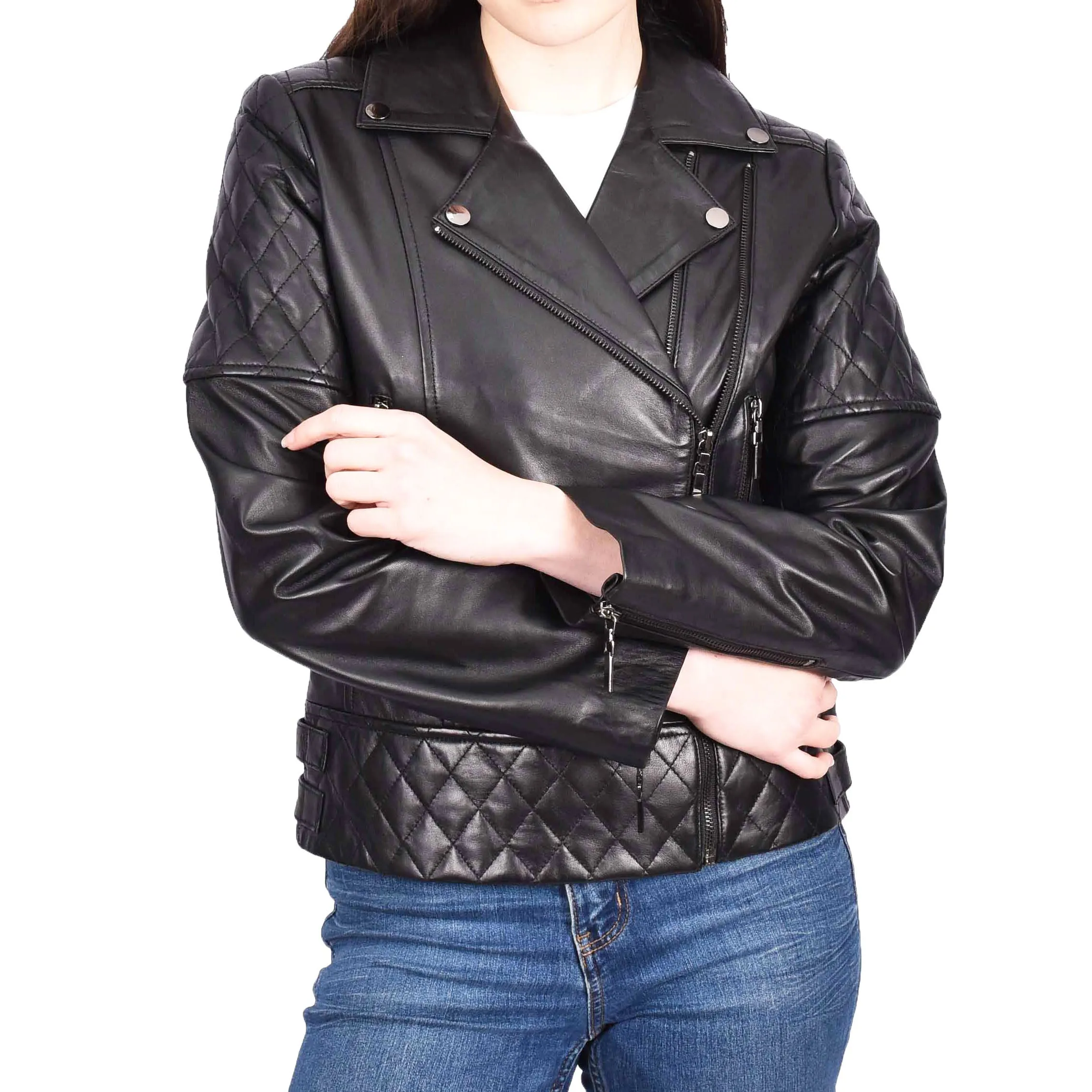 Womens Leather Biker Jackets Asymmetrical Zip Quilted Trendy Design Maeve Black