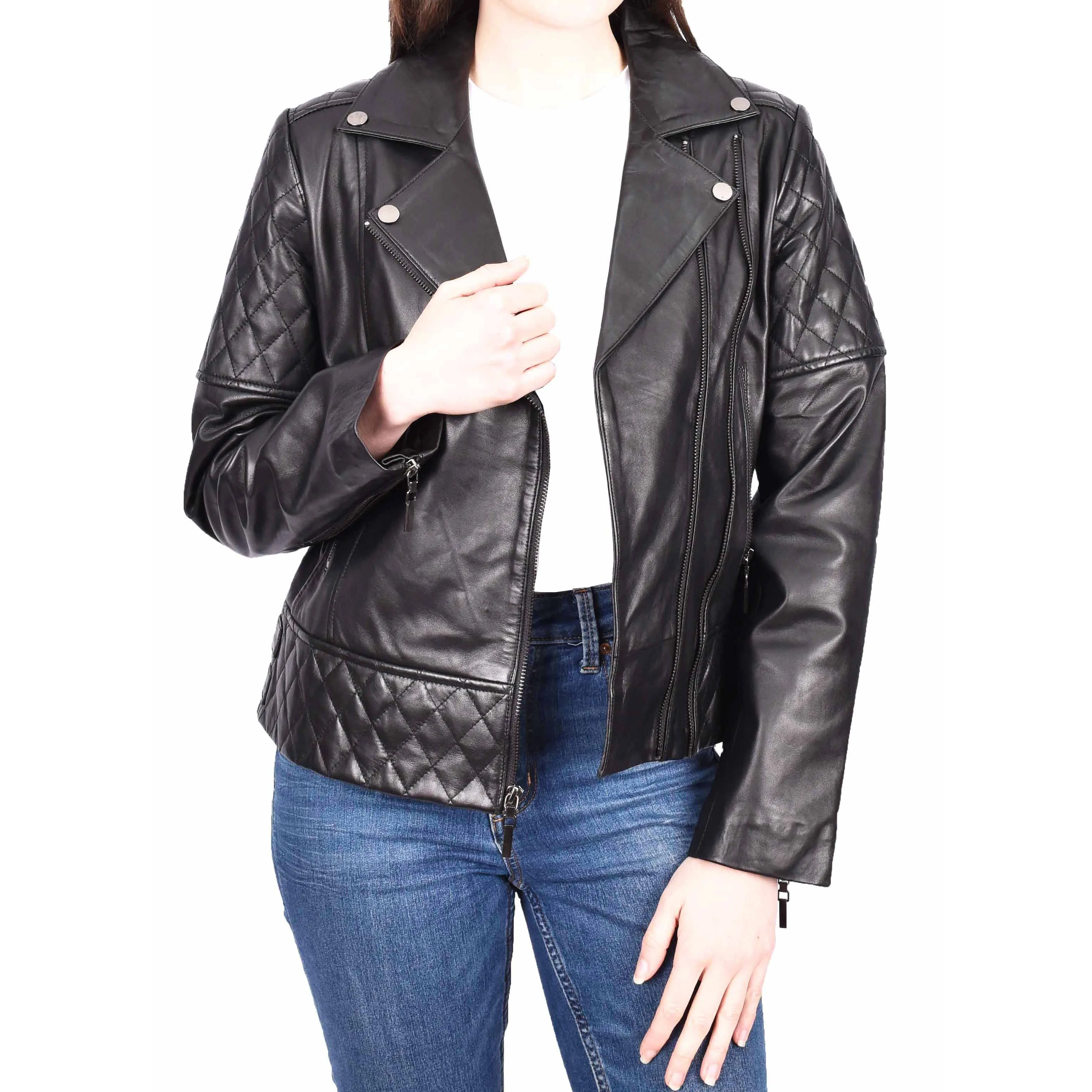 Womens Leather Biker Jackets Asymmetrical Zip Quilted Trendy Design Maeve Black