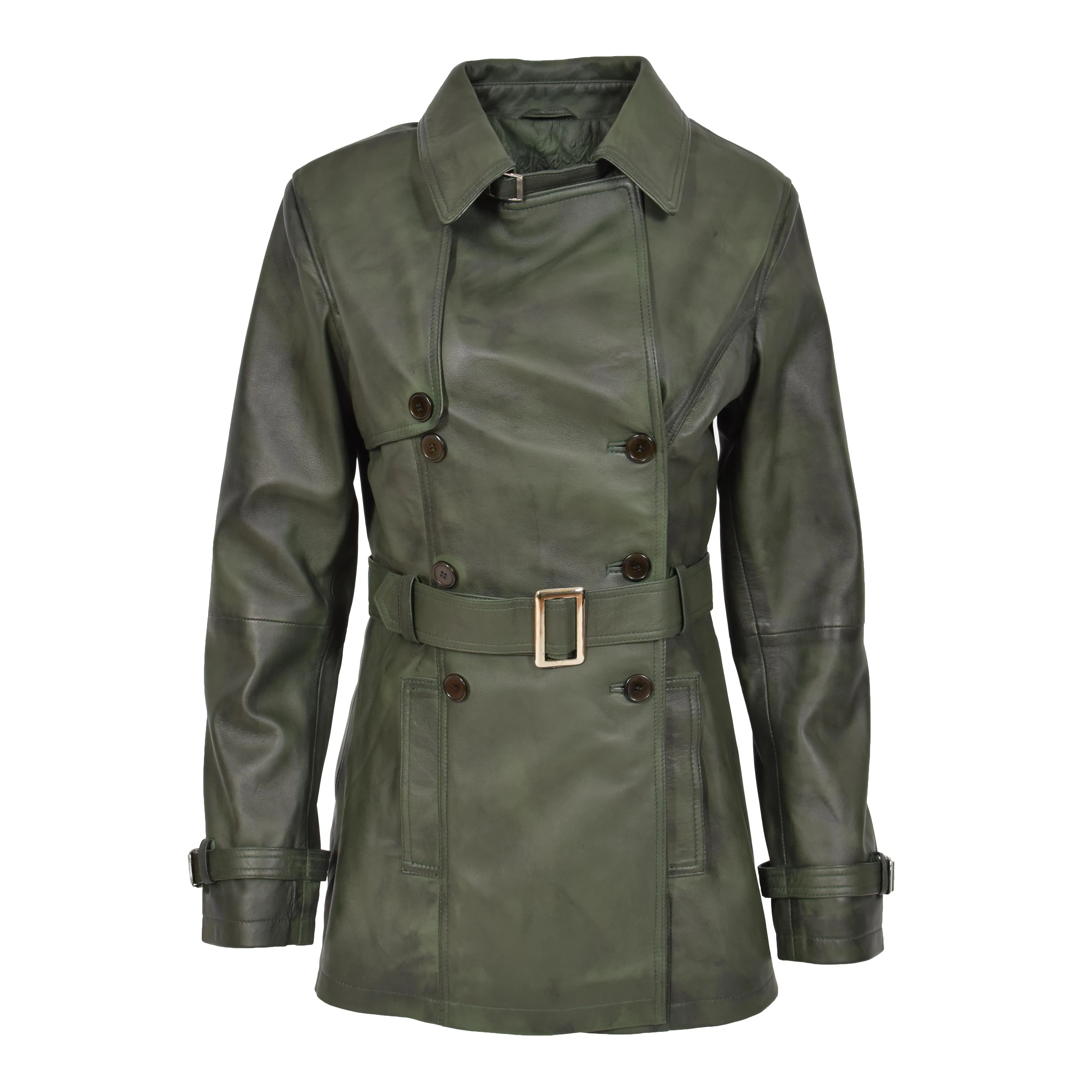 Womens Leather Double Breasted Trench Coat Sienna Green