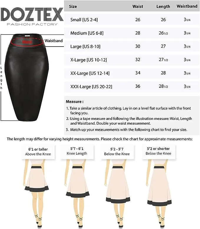 Women's Leather Pencil Skirt Below Knee Length Skirt Midi Bodycon Skirt - Black