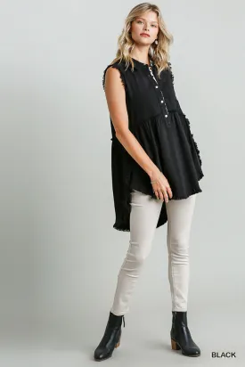 Women's Linen Blend Sleeveless Button Front Tunic With Frayed Round Hems