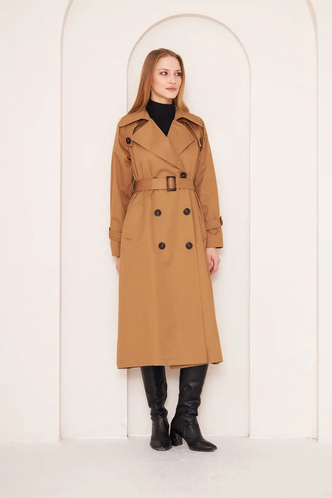 Women's Long Trench Coat with Button Detail - Camel - SCB-W12396