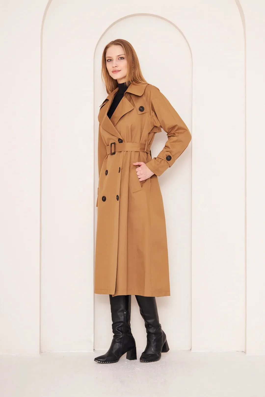 Women's Long Trench Coat with Button Detail - Camel - SCB-W12396