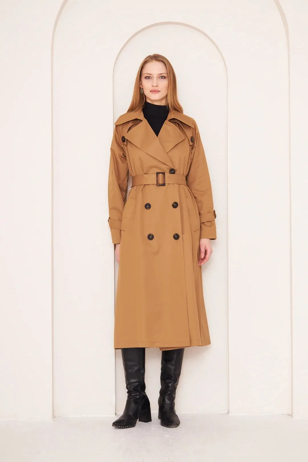 Women's Long Trench Coat with Button Detail - Camel - SCB-W12396