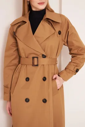 Women's Long Trench Coat with Button Detail - Camel - SCB-W12396