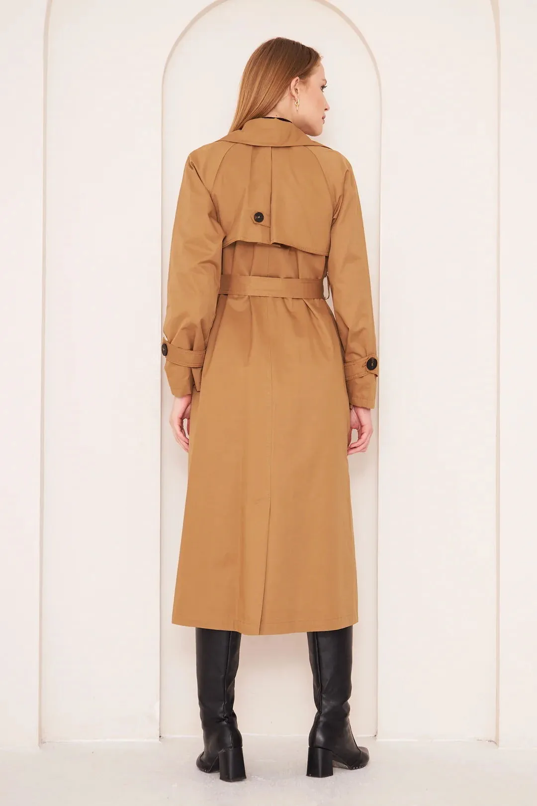 Women's Long Trench Coat with Button Detail - Camel - SCB-W12396