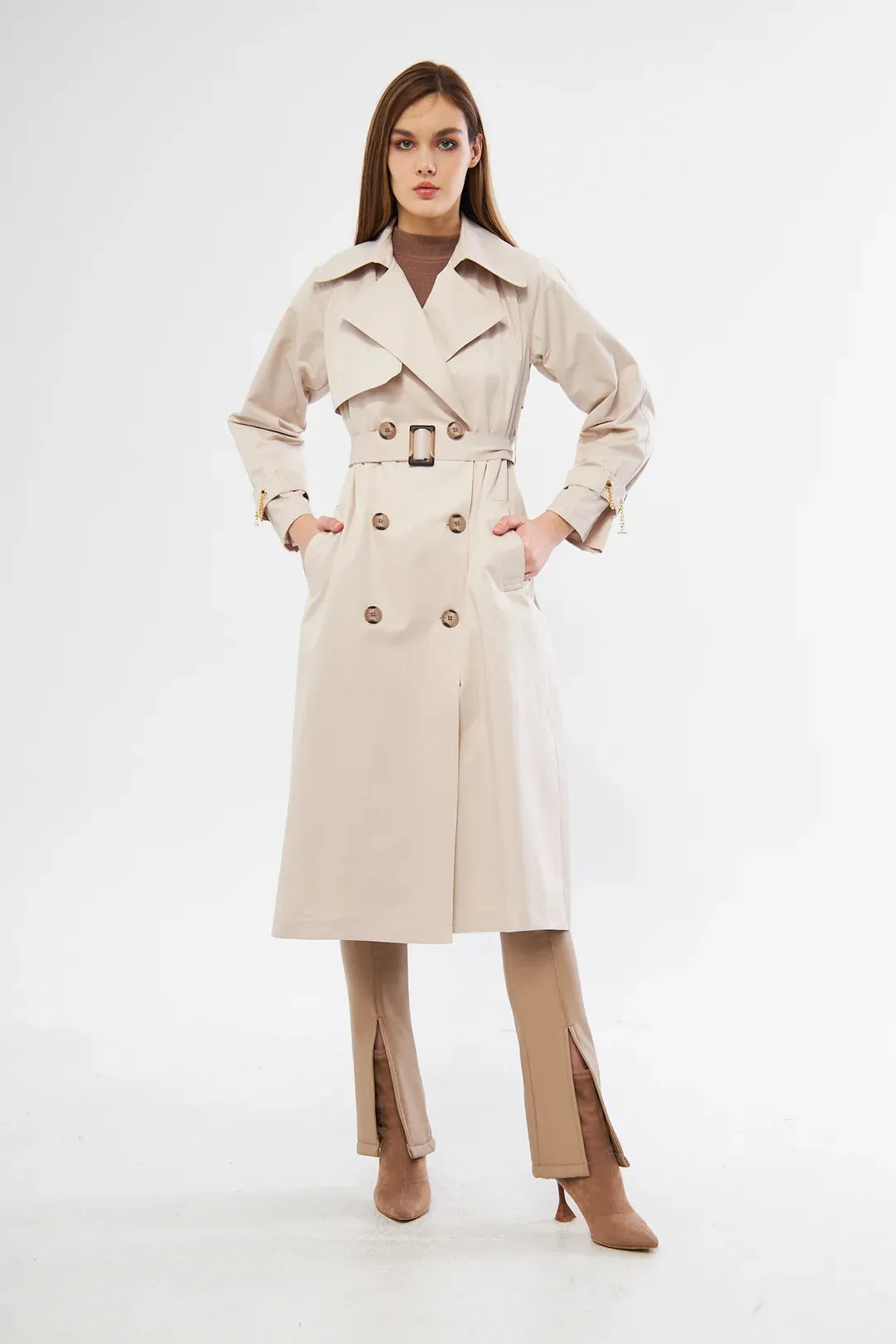 Women's Long Trench Coat with Chain Detail - Stone - SCB-W12385