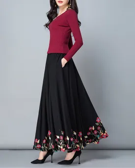 Women's maxi skirt, embroidered skirt, elastic waist skirt, flare skirt, cotton skirt, high waist skirt, long skirt, A-line skirt Q0056