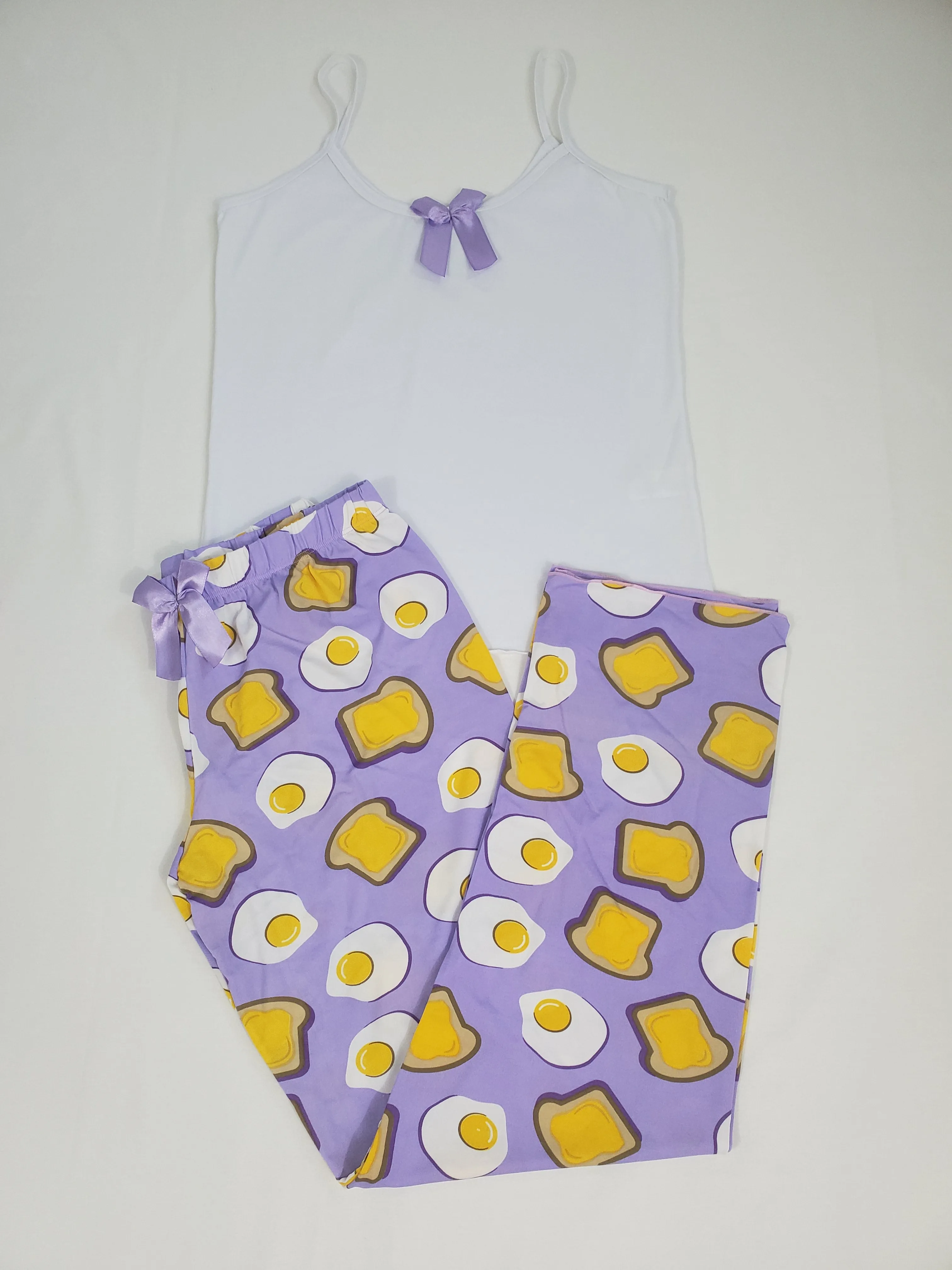 Women's Pajama set purple pants fired eggs and toast theme white blouse