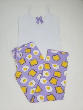 Women's Pajama set purple pants fired eggs and toast theme white blouse