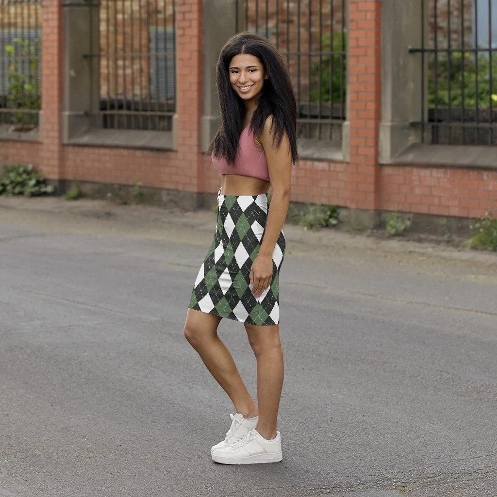 Womens Pencil Skirt, Green And White Argyle Stretch Mini2