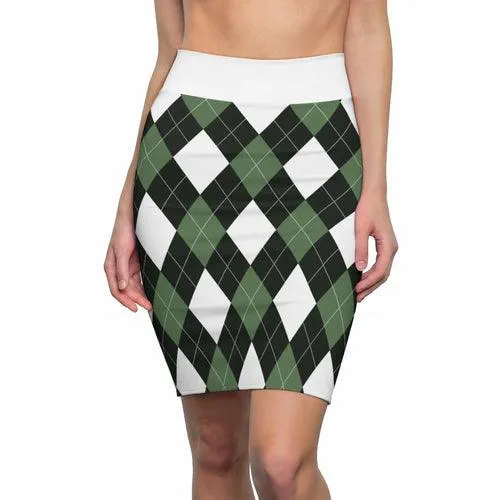 Womens Pencil Skirt, Green And White Argyle Stretch Mini2