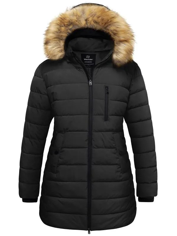 Women's Plus Size Puffer Coat Warm Winter Parka Jacket with Removable Fur Hood Recycled Polyester Fabric