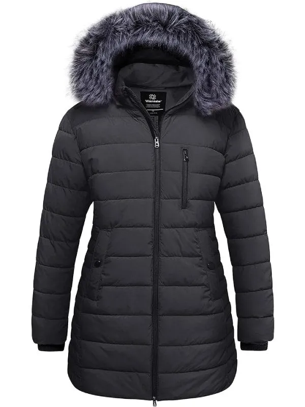 Women's Plus Size Puffer Coat Warm Winter Parka Jacket with Removable Fur Hood Recycled Polyester Fabric