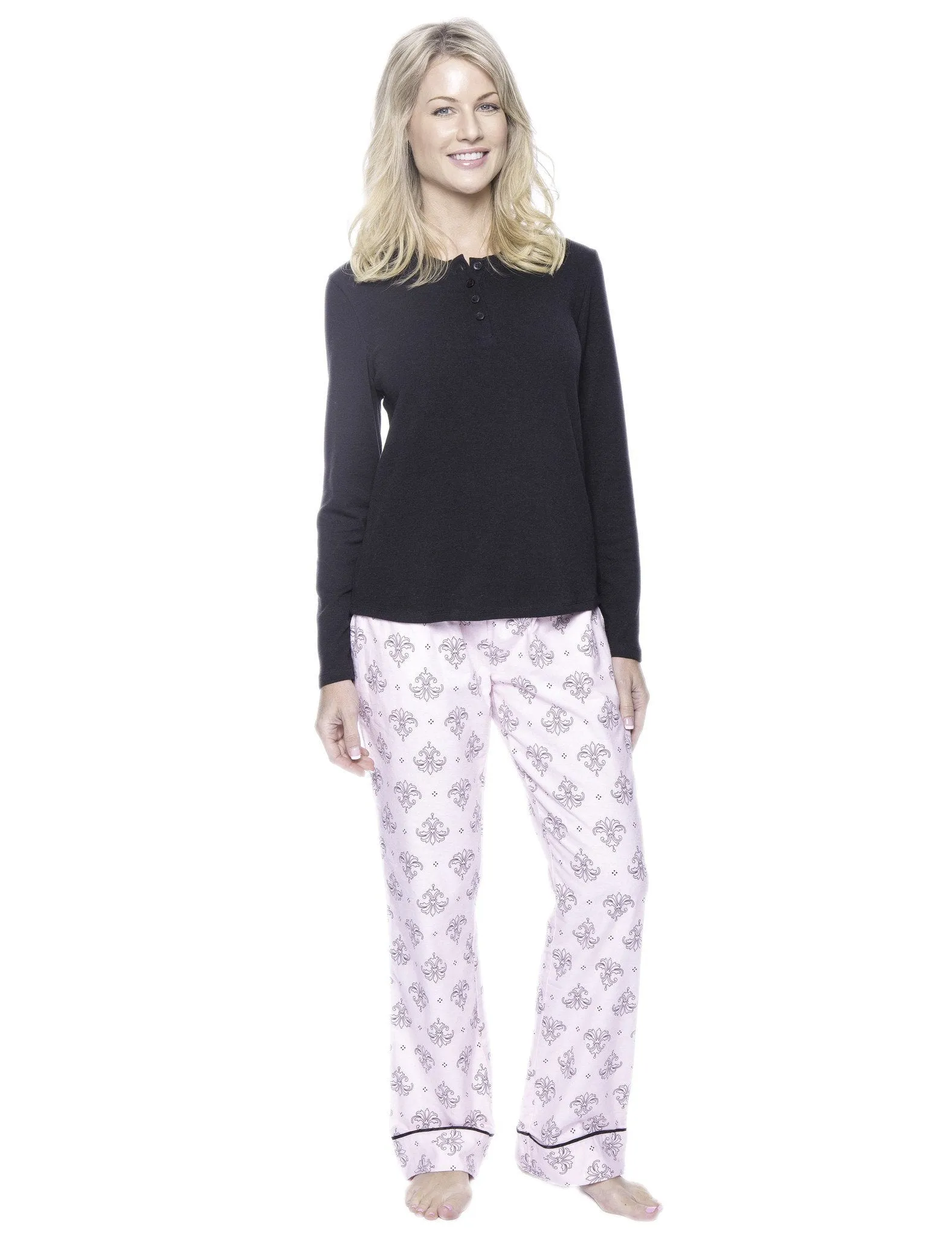 Womens Premium 100% Cotton Flannel/Thermal Loungewear Set - Fleur Pink/Black