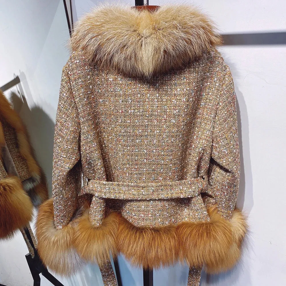 Women's Premium Tweed Coat with Fox Fur Trim