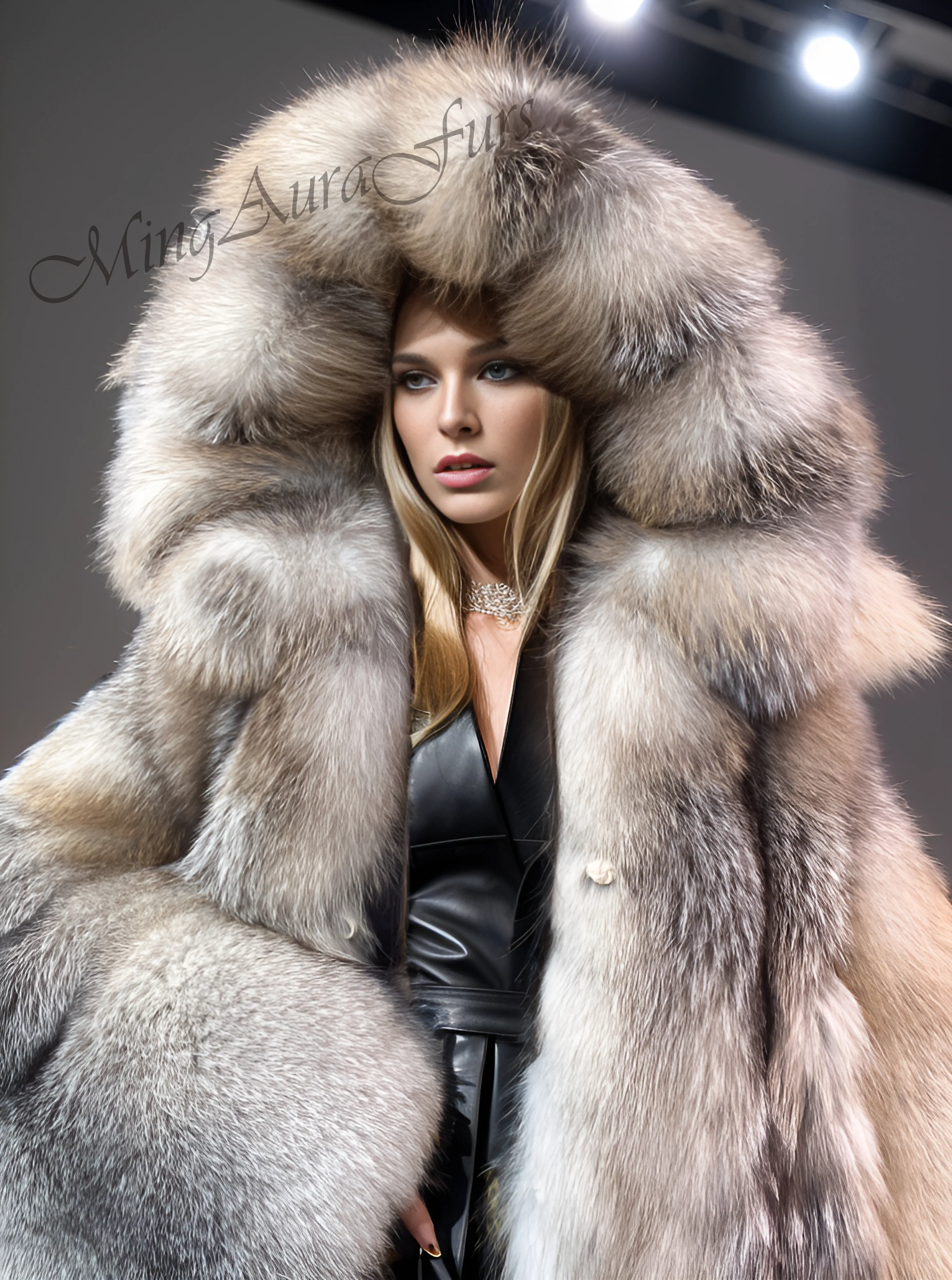 Women's Real Fox Fur Coat with Fur Hood - Amber Frost Fox - G0057