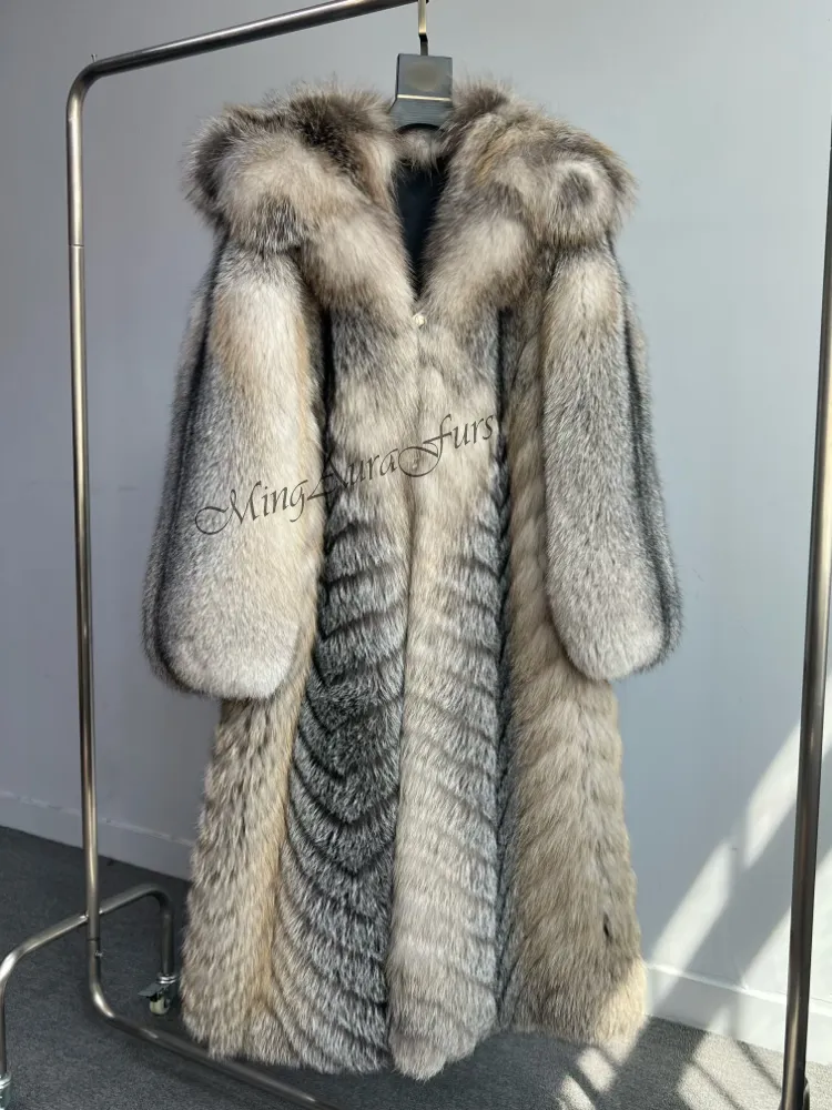 Women's Real Fox Fur Coat with Fur Hood - Amber Frost Fox - G0057